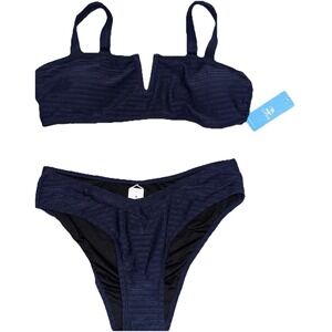 Cupshe Bikini Top Swimsuit Women Medium Navy Blue Stretch Textured V-Waist Beach